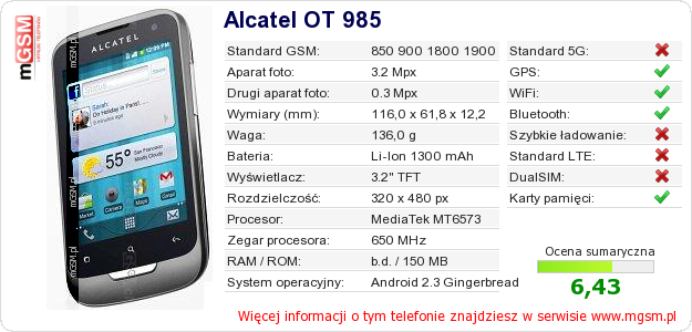 Dane telefonu Alcatel OT 985