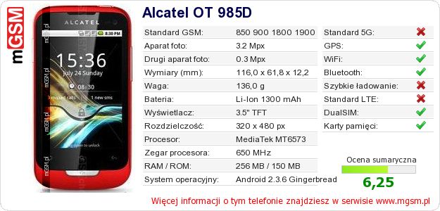 Dane telefonu Alcatel OT 985D Dane telefonu Alcatel OT 985D