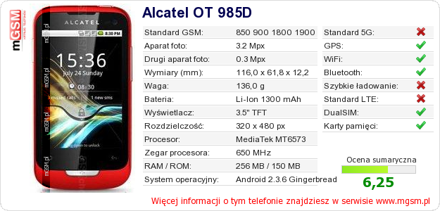 Dane telefonu Alcatel OT 985D