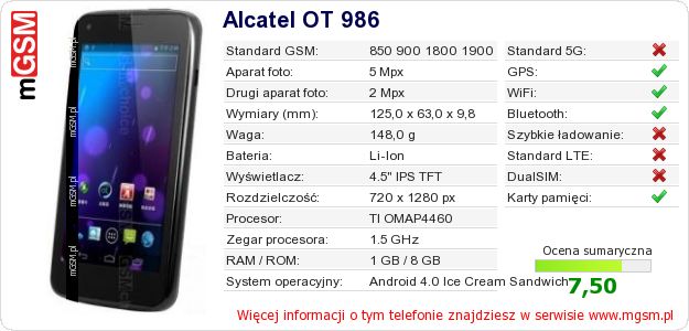 Dane telefonu Alcatel OT 986 Dane telefonu Alcatel OT 986