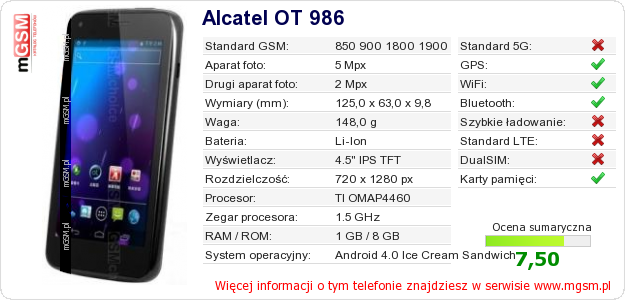 Dane telefonu Alcatel OT 986