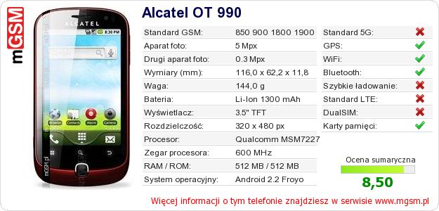 Dane telefonu Alcatel OT 990 Dane telefonu Alcatel OT 990
