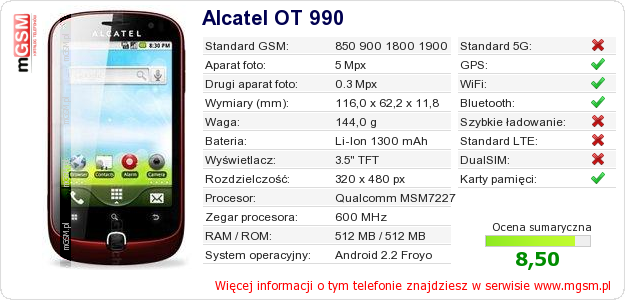 Dane telefonu Alcatel OT 990 Dane telefonu Alcatel OT 990