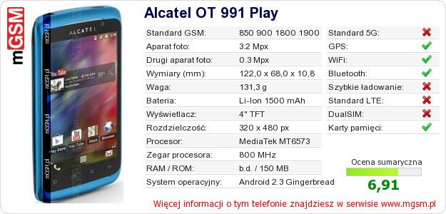 Dane telefonu Alcatel OT 991 Play Dane telefonu Alcatel OT 991 Play