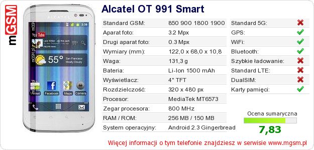 Dane telefonu Alcatel OT 991 Smart