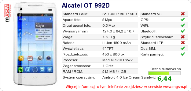 Dane telefonu Alcatel OT 992D