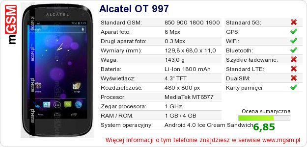 Dane telefonu Alcatel OT 997 Dane telefonu Alcatel OT 997