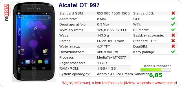 Dane telefonu Alcatel OT 997
