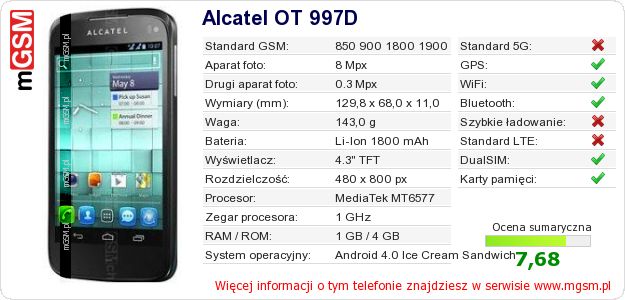 Dane telefonu Alcatel OT 997D Dane telefonu Alcatel OT 997D