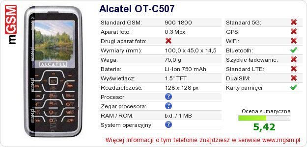 Dane telefonu Alcatel OT-C507 Dane telefonu Alcatel OT-C507