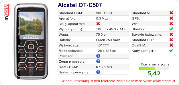 Dane telefonu Alcatel OT-C507