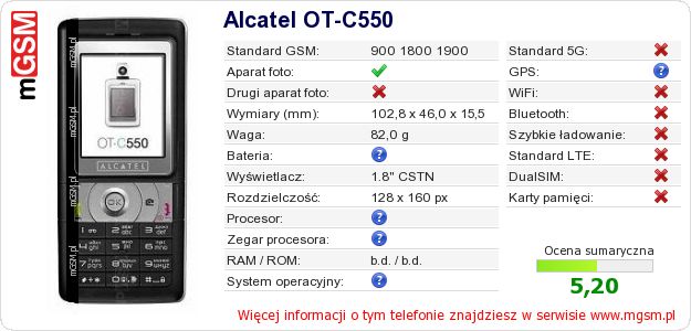 Dane telefonu Alcatel OT-C550 Dane telefonu Alcatel OT-C550