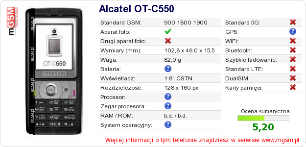 Dane telefonu Alcatel OT-C550
