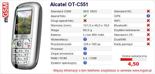 Dane telefonu Alcatel OT-C551 Dane telefonu Alcatel OT-C551