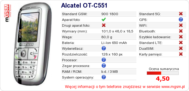 Dane telefonu Alcatel OT-C551