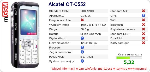 Dane telefonu Alcatel OT-C552