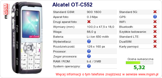 Dane telefonu Alcatel OT-C552