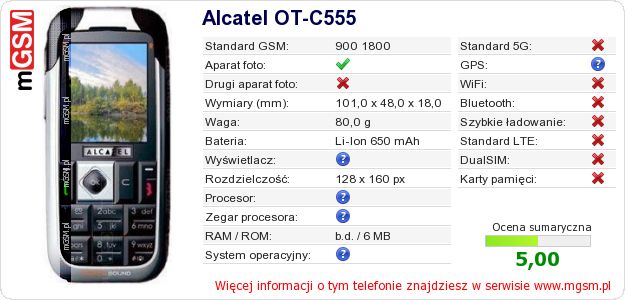 Dane telefonu Alcatel OT-C555 Dane telefonu Alcatel OT-C555