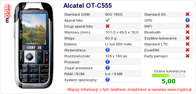 Dane telefonu Alcatel OT-C555