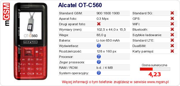 Dane telefonu Alcatel OT-C560