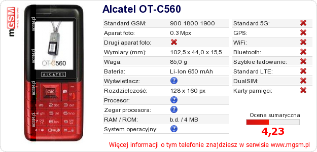 Dane telefonu Alcatel OT-C560