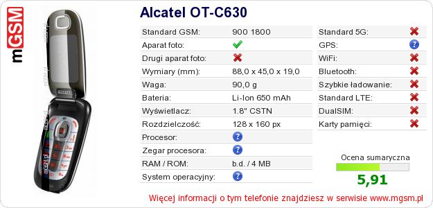 Dane telefonu Alcatel OT-C630