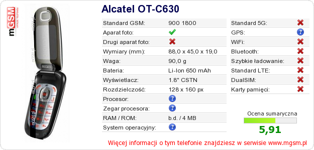 Dane telefonu Alcatel OT-C630