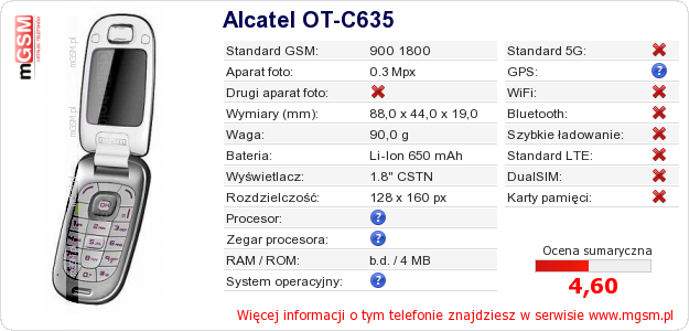 Dane telefonu Alcatel OT-C635