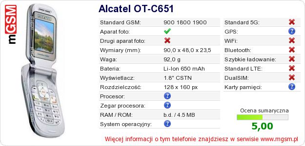 Dane telefonu Alcatel OT-C651 Dane telefonu Alcatel OT-C651