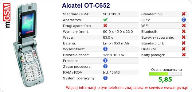 Dane telefonu Alcatel OT-C652 Dane telefonu Alcatel OT-C652