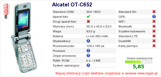 Dane telefonu Alcatel OT-C652