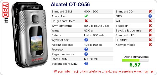 Dane telefonu Alcatel OT-C656 Dane telefonu Alcatel OT-C656