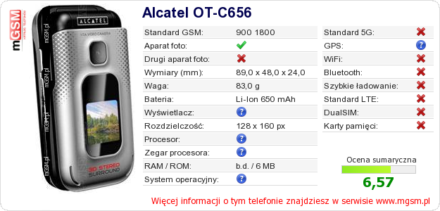Dane telefonu Alcatel OT-C656