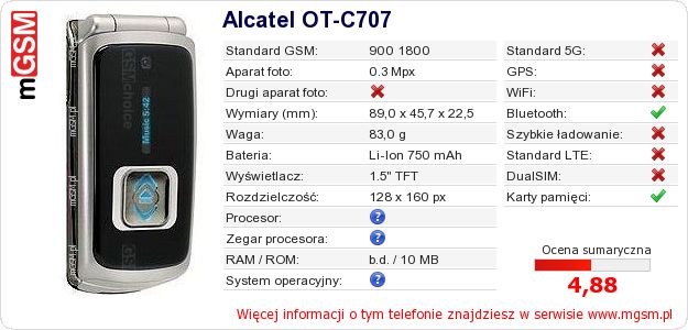 Dane telefonu Alcatel OT-C707 Dane telefonu Alcatel OT-C707