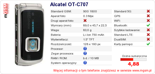 Dane telefonu Alcatel OT-C707