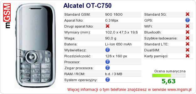 Dane telefonu Alcatel OT-C750