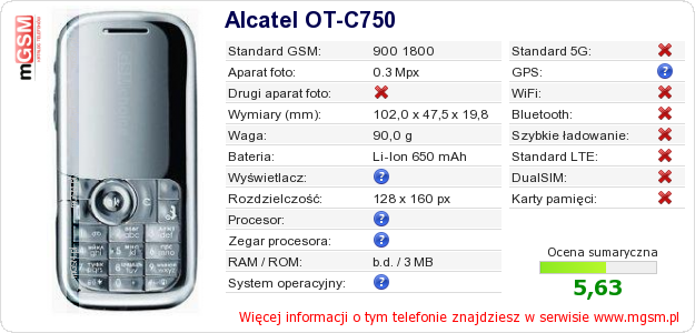 Dane telefonu Alcatel OT-C750