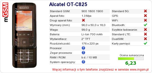 Dane telefonu Alcatel OT-C825 Dane telefonu Alcatel OT-C825