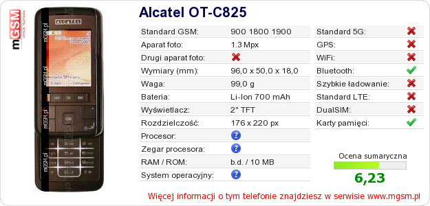 Dane telefonu Alcatel OT-C825