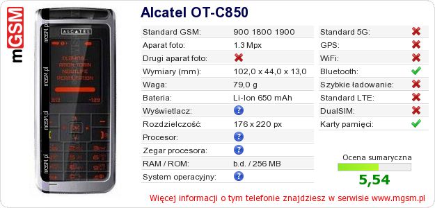 Dane telefonu Alcatel OT-C850