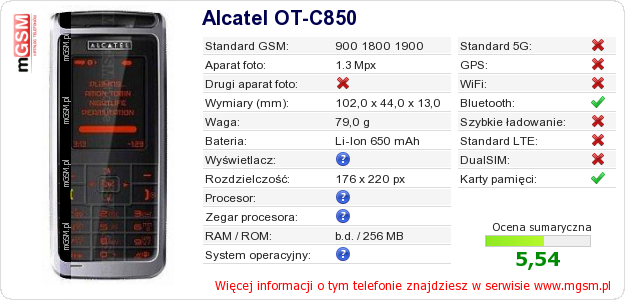 Dane telefonu Alcatel OT-C850