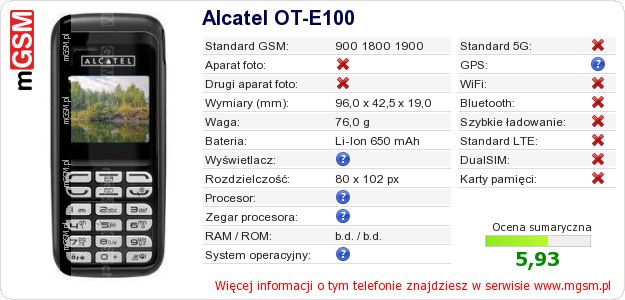 Dane telefonu Alcatel OT-E100 Dane telefonu Alcatel OT-E100