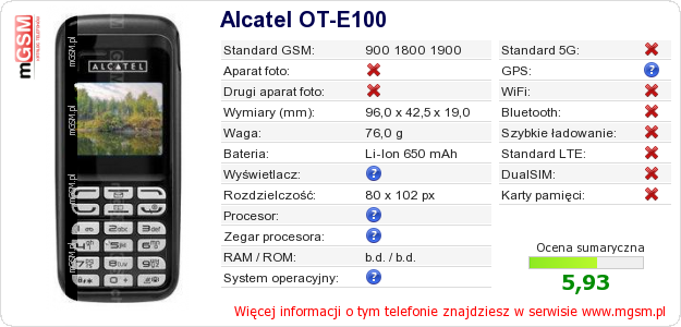 Dane telefonu Alcatel OT-E100