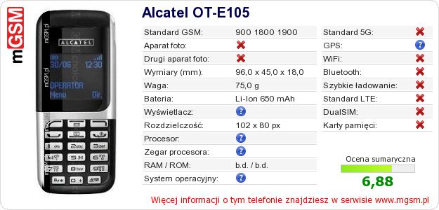 Dane telefonu Alcatel OT-E105