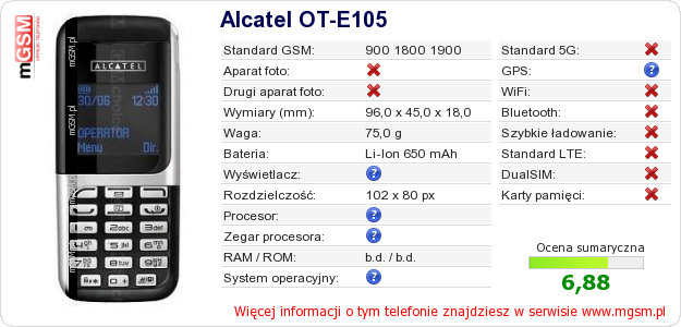 Dane telefonu Alcatel OT-E105 Dane telefonu Alcatel OT-E105