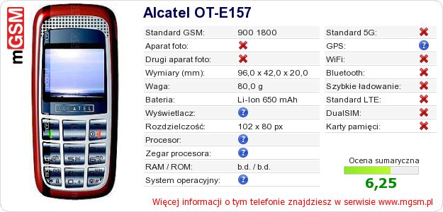 Dane telefonu Alcatel OT-E157 Dane telefonu Alcatel OT-E157