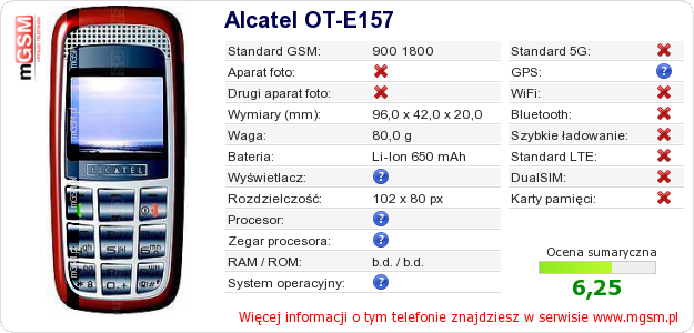 Dane telefonu Alcatel OT-E157