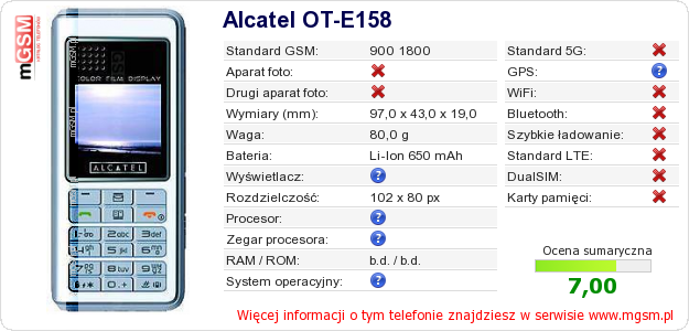 Dane telefonu Alcatel OT-E158 Dane telefonu Alcatel OT-E158