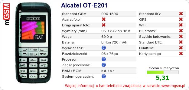 Dane telefonu Alcatel OT-E201
