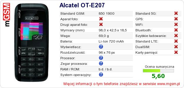Dane telefonu Alcatel OT-E207